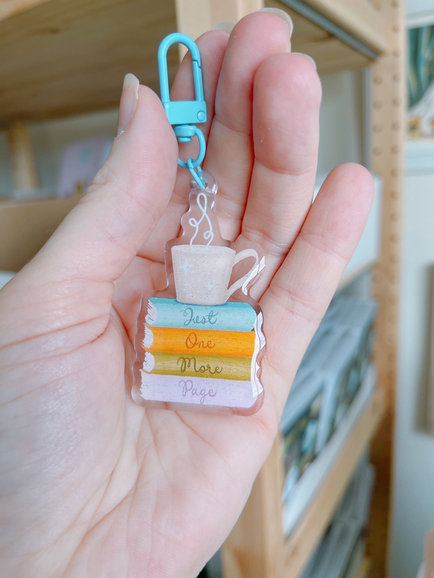 Just One More Page Acrylic Keychain w/ Light Blue Clasp and Sparkles