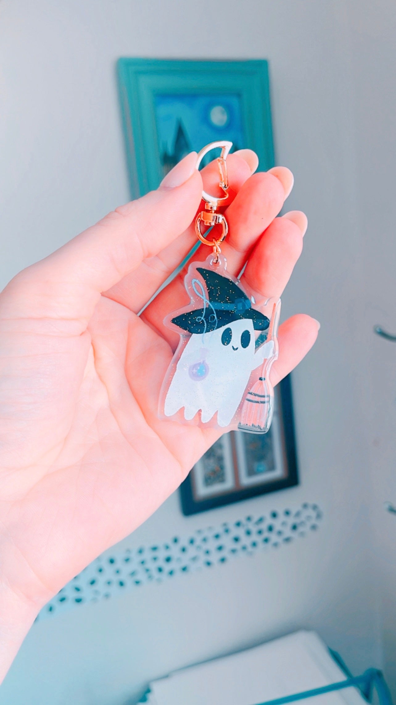 Ghostie Witch Acrylic Keychain w/ Gold Moon Clasp