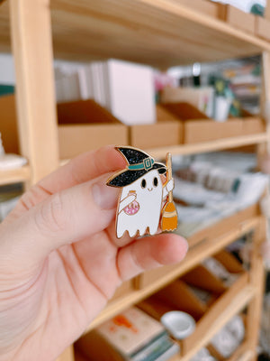 Ghostie Witch Enamel Pin with Sparkles