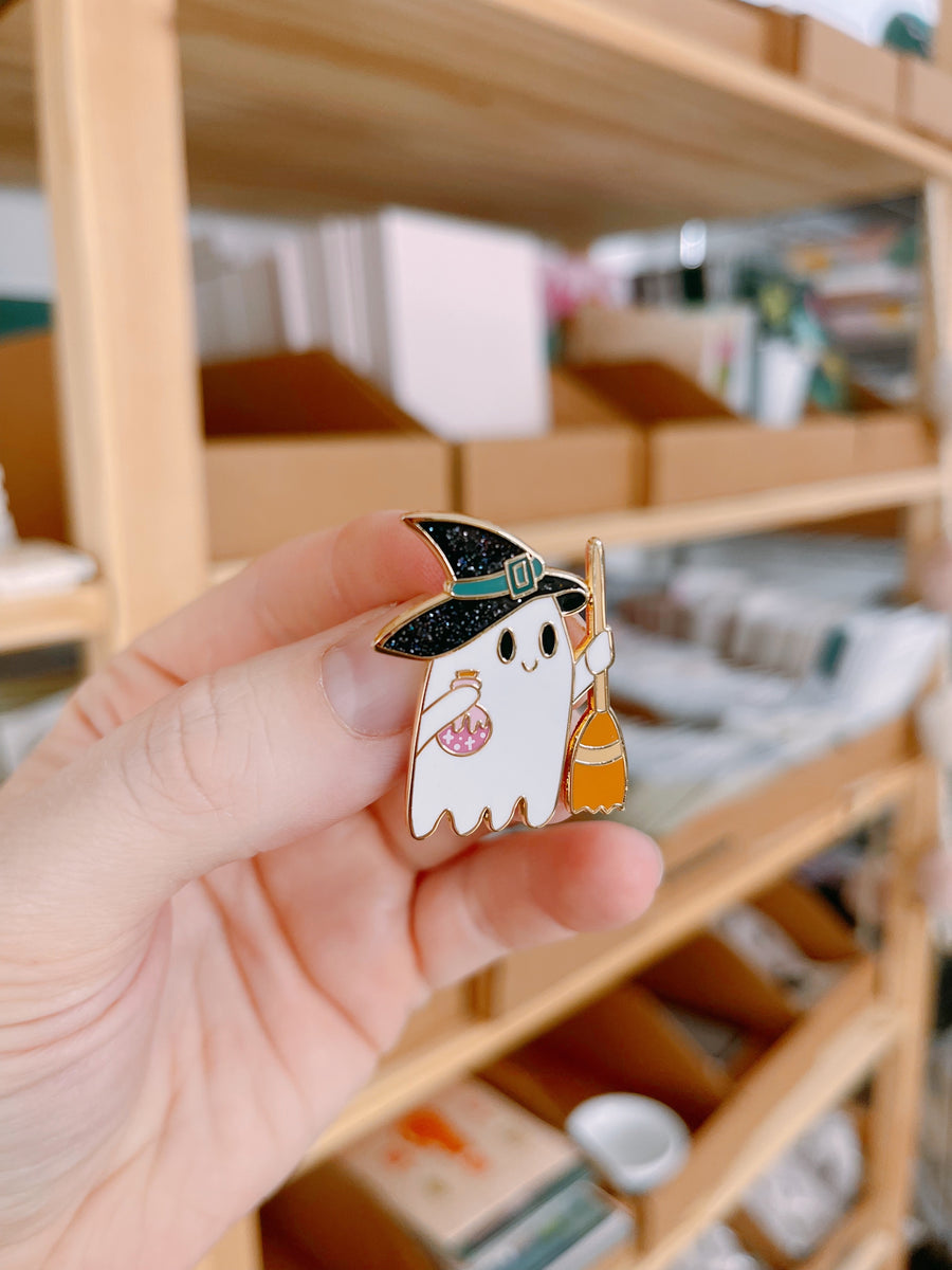 Ghostie Witch Enamel Pin with Sparkles