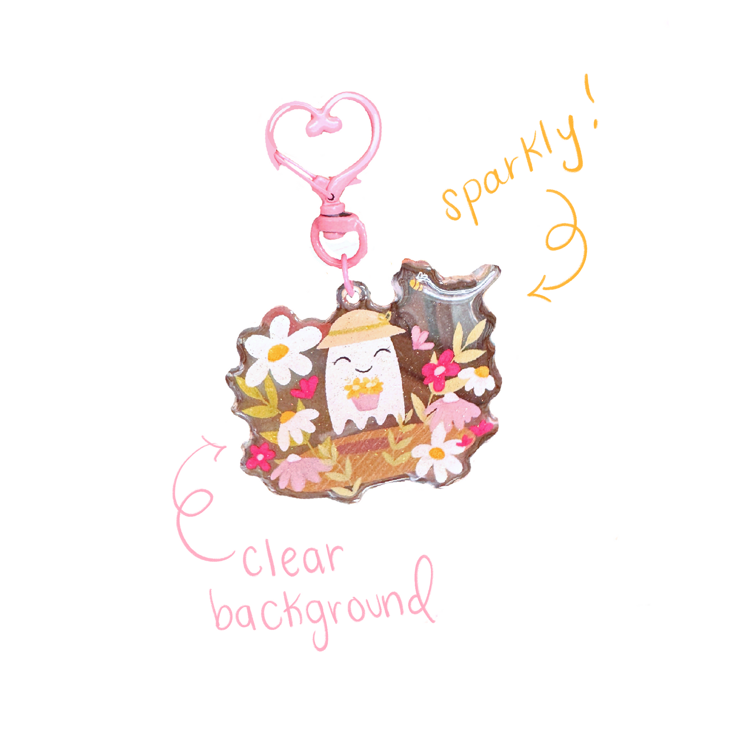 Flora the Gardening Ghostie Acrylic Keychain with Sparkles and Pink Heart Clasp