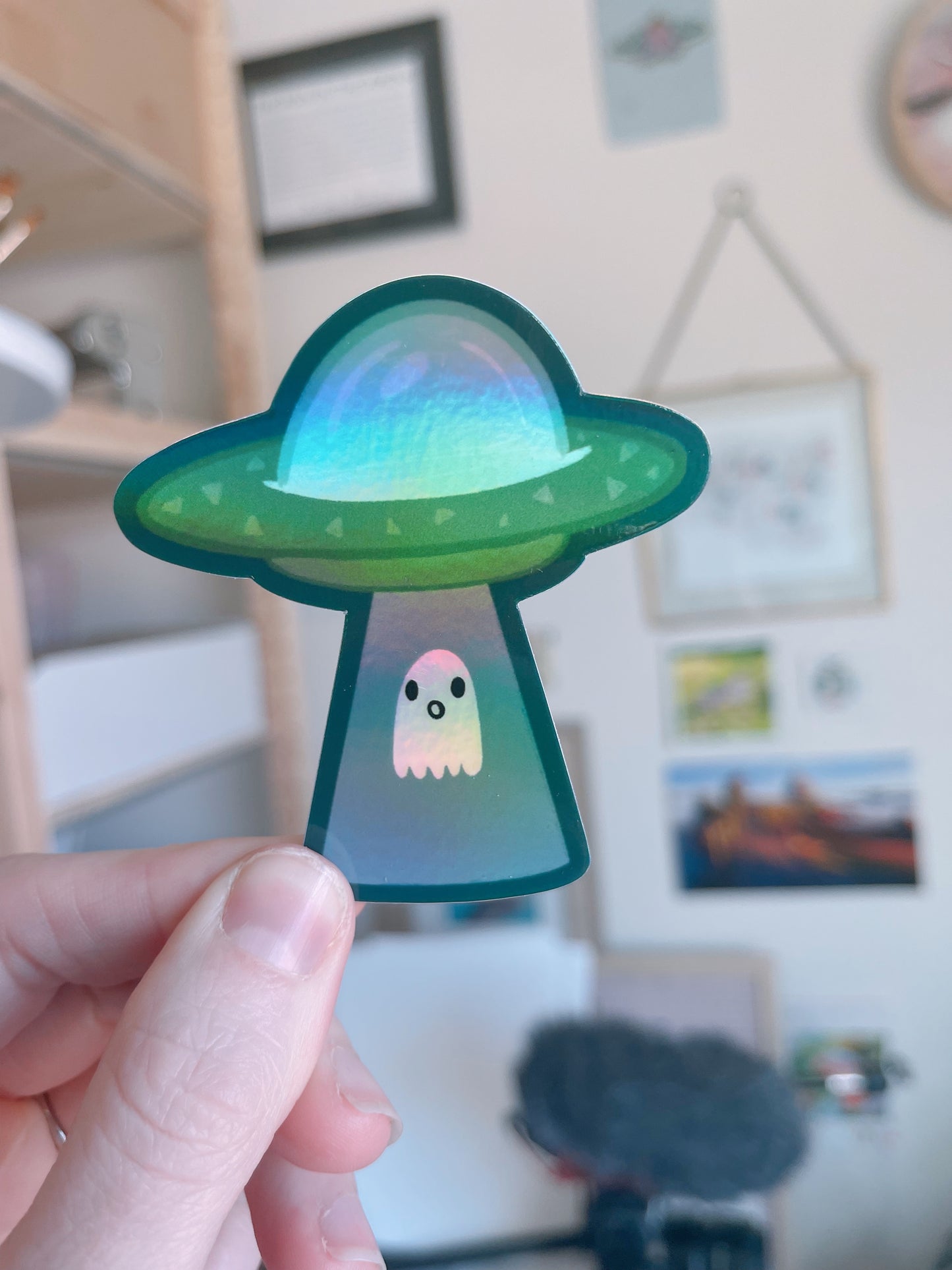 Alien Abduction Ghostie Holographic Vinyl Sticker