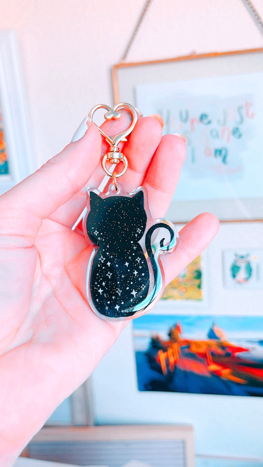 Sparkle Cat (DOUBLE SIDED with Glitter Front) Acrylic Keychain w/Heart Clasp